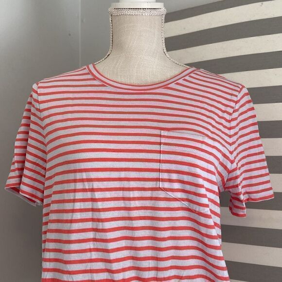 J. Crew Coral & White Striped Tie-Waist Pocket T-Shirt Blouse Size Medium NWT - Picture 2 of 10